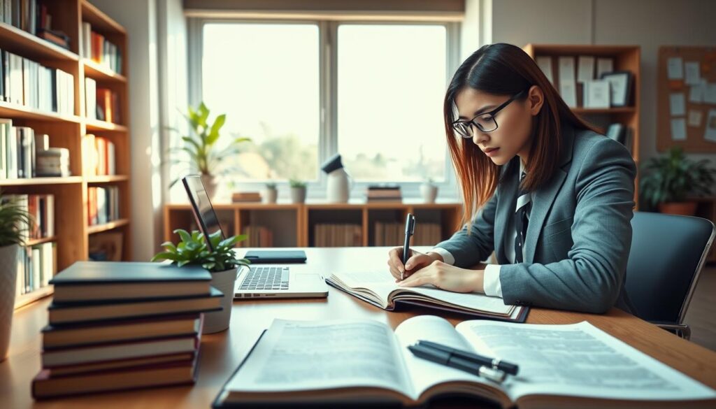 A serene study environment depicting a focused student in a professional business attire, seated at a modern desk, deeply engaged in writing a research paper. The foreground features various writing tools like notebooks, pens, and a laptop, with an open book displaying highlighted text nearby. In the middle, a large window lets in soft, natural light, illuminating the workspace, while a potted plant adds a touch of greenery. In the background, shelves filled with academic books and a bulletin board covered with notes emphasize the theme of study and organization. The atmosphere is calm, fostering concentration and productivity, inviting viewers into the process of creating a scholarly work. The image should capture the essence of effective writing techniques in academia. A serene study environment depicting a focused student in a professional business attire, seated at a modern desk, deeply engaged in writing a research paper. The foreground features various writing tools like notebooks, pens, and a laptop, with an open book displaying highlighted text nearby. In the middle, a large window lets in soft, natural light, illuminating the workspace, while a potted plant adds a touch of greenery. In the background, shelves filled with academic books and a bulletin board covered with notes emphasize the theme of study and organization. The atmosphere is calm, fostering concentration and productivity, inviting viewers into the process of creating a scholarly work. The image should capture the essence of effective writing techniques in academia.