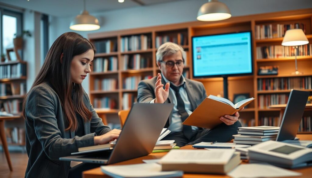 A serene study environment showcasing a diverse group of students engaged in part-time studies. In the foreground, a focused young woman in professional attire types on a laptop, surrounded by scattered textbooks and notes. In the middle ground, a mature male student, also dressed in business casual, reviews his course materials while gesturing towards a virtual screen displaying study schedules. The background features a cozy, well-lit library filled with bookshelves, warm wooden accents, and soft, ambient lighting. The atmosphere is calm and productive, suggesting a balance between personal and academic life. Capture the essence of dedication and flexibility inherent in part-time studies, emphasizing the commitment of the students to their education. Use a shallow depth of field to keep the focus on the students, with soft bokeh effects in the background.