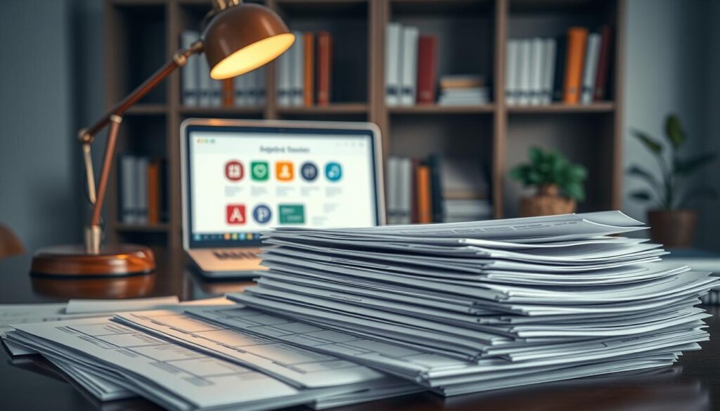 A serene study environment showcasing a well-organized desk layered with essential university application documents. In the foreground, a neatly stacked pile of papers includes forms, transcripts, and checklists, some slightly fanned open, revealing sections for personal information. A polished wooden desk lamp casts soft, warm light over the documents, creating a focused atmosphere. In the middle ground, a classy laptop displays an open application portal with vibrant university logos, signifying the application process. The background features a muted bookshelf lined with educational materials and a potted plant, adding a touch of calm. The overall mood is professional and diligent, evoking a sense of purpose and aspiration in the pursuit of higher education. The image is captured from a slightly elevated angle, emphasizing the details of the paperwork.
