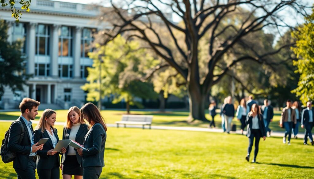A serene university campus during daytime, showcasing an elegant building with large windows and classical architecture, symbolizing higher education. In the foreground, a diverse group of students in professional business attire, engaged in discussion and study, with laptops and books in hand. The middle ground features a lush green lawn with trees and benches, creating an inviting atmosphere. Students are focused and collaborating, reflecting dedication to their studies. The background includes softly blurred students walking together, emphasizing a busy yet harmonious academic environment. Natural sunlight filters through the trees, casting gentle shadows, while a slight breeze adds a sense of movement. The overall mood is motivating and inspiring, capturing the essence of undergraduate studies and the pursuit of knowledge. A serene university campus during daytime, showcasing an elegant building with large windows and classical architecture, symbolizing higher education. In the foreground, a diverse group of students in professional business attire, engaged in discussion and study, with laptops and books in hand. The middle ground features a lush green lawn with trees and benches, creating an inviting atmosphere. Students are focused and collaborating, reflecting dedication to their studies. The background includes softly blurred students walking together, emphasizing a busy yet harmonious academic environment. Natural sunlight filters through the trees, casting gentle shadows, while a slight breeze adds a sense of movement. The overall mood is motivating and inspiring, capturing the essence of undergraduate studies and the pursuit of knowledge.