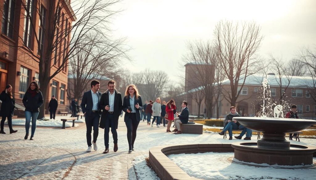 A serene university campus during winter break, showcasing a peaceful scene with students in professional business attire walking and chatting together, while others relax on benches or read books nearby. Snow lightly blankets the ground, with bare trees in the background and a warm glow emanating from nearby buildings. Soft, diffused sunlight filters through the clouds, casting gentle shadows, creating a cozy, inviting atmosphere. The foreground features a couple of students sharing a laugh near a fountain, while the middle ground captures a diverse group engaged in study outside. The overall mood is relaxed and cheerful, reflecting a sense of freedom and leisure during the holiday season. A serene university campus during winter break, showcasing a peaceful scene with students in professional business attire walking and chatting together, while others relax on benches or read books nearby. Snow lightly blankets the ground, with bare trees in the background and a warm glow emanating from nearby buildings. Soft, diffused sunlight filters through the clouds, casting gentle shadows, creating a cozy, inviting atmosphere. The foreground features a couple of students sharing a laugh near a fountain, while the middle ground captures a diverse group engaged in study outside. The overall mood is relaxed and cheerful, reflecting a sense of freedom and leisure during the holiday season.