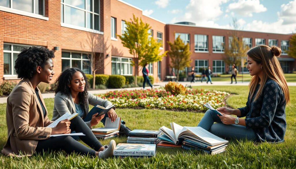 A serene university campus scene during the day, featuring a diverse group of three students engaged in a collaborative study session outside a brick building with large windows. The foreground shows the students, a Black woman, a Caucasian man, and an Asian woman, all in smart casual clothing, sitting on the grass surrounded by notebooks and books on psychology, including titles like "Developmental Psychology" and "Cognitive Science." In the middle ground, there's a lush garden with flowering plants and trees, emphasizing an inviting atmosphere. The background reveals a modern classroom building with students walking by, under a clear blue sky with soft white clouds. Natural lighting creates a warm and inspiring ambiance, capturing the essence of academic pursuit in psychology studies.