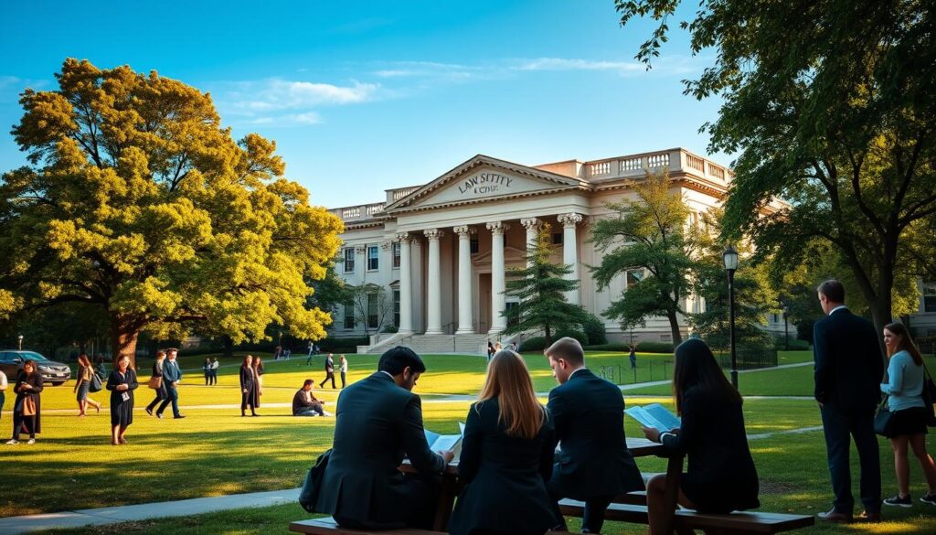A serene university campus scene, featuring a grand law building with classical architecture in the foreground. Students in professional business attire are scattered around, engaged in study and conversation. In the middle ground, a group of focused students reads legal textbooks at a picnic table, surrounded by green trees. The background showcases a clear blue sky, with soft sunlight creating a warm glow, emphasizing an atmosphere of scholarly pursuit. The framing should be slightly angled to draw attention to the law building, capturing a blend of activity and tranquility. The overall mood is one of ambition and dedication, reflecting the journey and time commitment involved in legal studies. A serene university campus scene, featuring a grand law building with classical architecture in the foreground. Students in professional business attire are scattered around, engaged in study and conversation. In the middle ground, a group of focused students reads legal textbooks at a picnic table, surrounded by green trees. The background showcases a clear blue sky, with soft sunlight creating a warm glow, emphasizing an atmosphere of scholarly pursuit. The framing should be slightly angled to draw attention to the law building, capturing a blend of activity and tranquility. The overall mood is one of ambition and dedication, reflecting the journey and time commitment involved in legal studies.