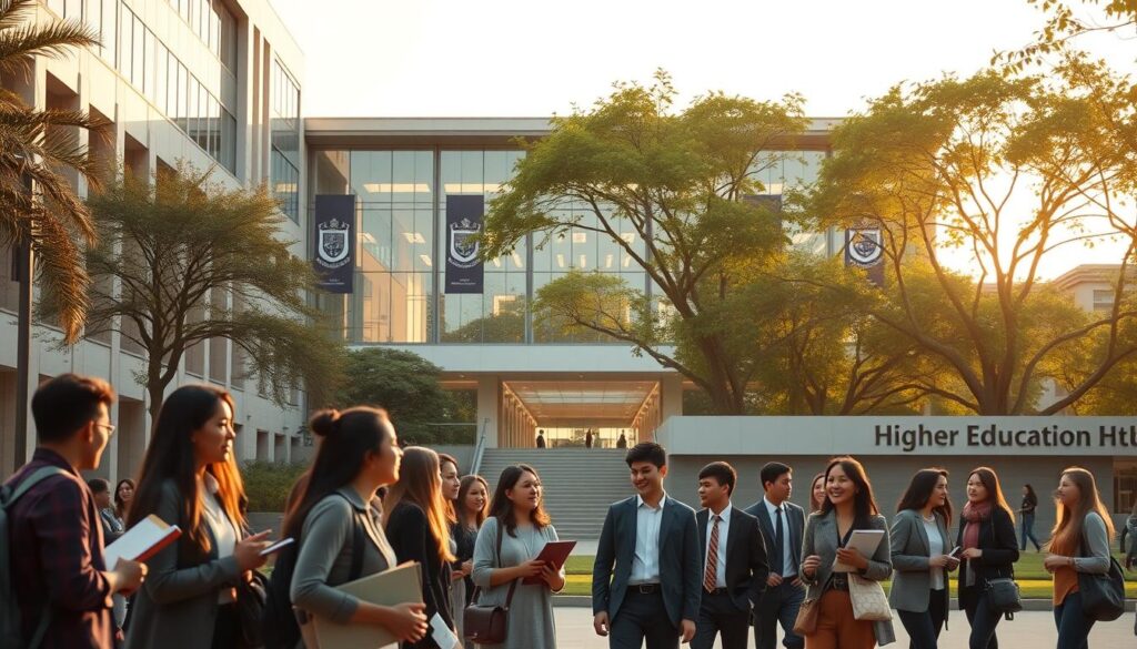 A serene university campus setting during early morning light, showcasing a blend of modern and traditional architecture. In the foreground, a diverse group of students in professional attire are engaged in animated discussions, some holding notebooks and laptops, symbolizing higher level - Master's studies. In the middle, a grand academic hall with large windows letting in soft, warm light, decorated with academic banners and filled with greenery. In the background, trees gently sway with the breeze, and a prominent university sign reads "Higher Education Hub." The overall atmosphere is inspiring and studious, evoking a sense of achievement and ambition. The angle features a slight bird’s-eye view to capture the vibrancy of campus life, while maintaining a focus on the student interactions and architecture. A serene university campus setting during early morning light, showcasing a blend of modern and traditional architecture. In the foreground, a diverse group of students in professional attire are engaged in animated discussions, some holding notebooks and laptops, symbolizing higher level - Master's studies. In the middle, a grand academic hall with large windows letting in soft, warm light, decorated with academic banners and filled with greenery. In the background, trees gently sway with the breeze, and a prominent university sign reads "Higher Education Hub." The overall atmosphere is inspiring and studious, evoking a sense of achievement and ambition. The angle features a slight bird’s-eye view to capture the vibrancy of campus life, while maintaining a focus on the student interactions and architecture.