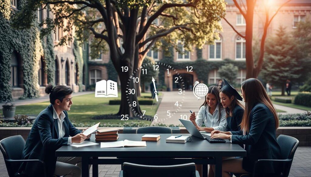 A serene university setting depicting the duration of undergraduate studies. In the foreground, a diverse group of students in professional attire (suits and blouses) is gathered around a table, discussing plans, with notebooks and laptops open, signifying their academic journey. The middle layer features a large clock symbolizing time, surrounded by various symbols of education (books, a graduation cap, and a globe), representing the specific duration of bachelor's and engineering degrees. In the background, a picturesque university building with ivy-covered walls and students walking paths reflects a tranquil campus atmosphere. Soft, natural lighting filters through the trees, casting gentle shadows, invoking a mood of reflection and aspiration. Aim for a balanced composition, shot from a slightly elevated angle to capture both the students' interaction and the broader campus ambiance. A serene university setting depicting the duration of undergraduate studies. In the foreground, a diverse group of students in professional attire (suits and blouses) is gathered around a table, discussing plans, with notebooks and laptops open, signifying their academic journey. The middle layer features a large clock symbolizing time, surrounded by various symbols of education (books, a graduation cap, and a globe), representing the specific duration of bachelor's and engineering degrees. In the background, a picturesque university building with ivy-covered walls and students walking paths reflects a tranquil campus atmosphere. Soft, natural lighting filters through the trees, casting gentle shadows, invoking a mood of reflection and aspiration. Aim for a balanced composition, shot from a slightly elevated angle to capture both the students' interaction and the broader campus ambiance.