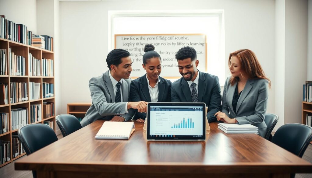 A serene, well-lit study room filled with bookshelves and a large wooden table. In the foreground, a diverse group of three individuals in professional business attire, engaged in a discussion, looking at a laptop displaying educational options for postgraduate studies. One person is pointing to a chart on the screen. In the middle, a window with natural light streams in, casting soft shadows on the table. The background features a bulletin board with inspirational quotes about lifelong learning and personal growth. The overall mood is focused and collaborative, highlighting the importance of selecting the right postgraduate course. The image should convey a sense of professionalism and determination in academic exploration. A serene, well-lit study room filled with bookshelves and a large wooden table. In the foreground, a diverse group of three individuals in professional business attire, engaged in a discussion, looking at a laptop displaying educational options for postgraduate studies. One person is pointing to a chart on the screen. In the middle, a window with natural light streams in, casting soft shadows on the table. The background features a bulletin board with inspirational quotes about lifelong learning and personal growth. The overall mood is focused and collaborative, highlighting the importance of selecting the right postgraduate course. The image should convey a sense of professionalism and determination in academic exploration.