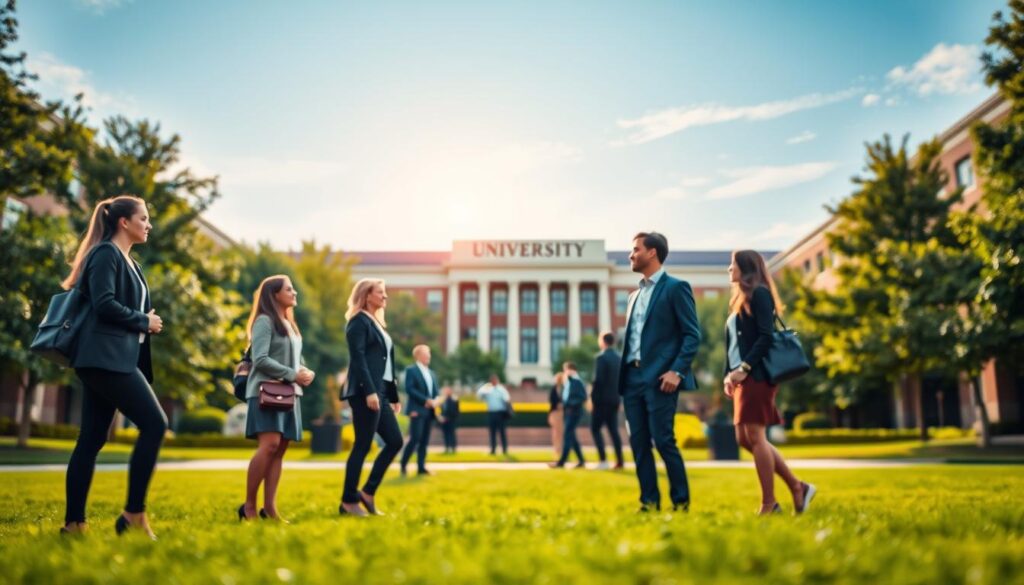 A serene, well-organized university campus in the foreground, showcasing diverse students in professional business attire, engaged in discussions about their educational paths. In the middle, a prominent building labeled "University" and lush greenery, symbolizing growth and ambition. The background features a clear blue sky with soft, warm sunlight filtering through, casting gentle shadows across the scene. Capture the atmosphere of exploration and thoughtful decision-making with a slight depth of field, focusing on the students while blurring the distant architecture. The image should evoke a sense of optimism and potential, emphasizing the journey of choosing the right university. A serene, well-organized university campus in the foreground, showcasing diverse students in professional business attire, engaged in discussions about their educational paths. In the middle, a prominent building labeled "University" and lush greenery, symbolizing growth and ambition. The background features a clear blue sky with soft, warm sunlight filtering through, casting gentle shadows across the scene. Capture the atmosphere of exploration and thoughtful decision-making with a slight depth of field, focusing on the students while blurring the distant architecture. The image should evoke a sense of optimism and potential, emphasizing the journey of choosing the right university.