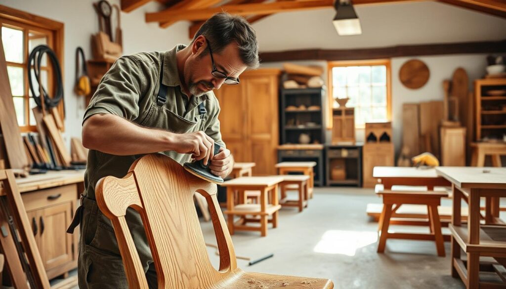 A skilled artisan engaged in furniture making, showcasing detailed woodwork techniques in a bright workshop filled with tools. In the foreground, the artisan, dressed in modest work attire, carefully sands a beautifully crafted wooden chair, highlighting the intricate grains of the wood. The middle ground features various pieces in progress, including tables and cabinets, surrounded by woodworking tools and sawdust, conveying a sense of craftsmanship and dedication. In the background, a window allows soft natural light to flood the space, illuminating the warm tones of the wooden furniture and creating a welcoming atmosphere. The overall mood is one of focus and passion for the craft, embodying the essence of artisanal furniture making. A skilled artisan engaged in furniture making, showcasing detailed woodwork techniques in a bright workshop filled with tools. In the foreground, the artisan, dressed in modest work attire, carefully sands a beautifully crafted wooden chair, highlighting the intricate grains of the wood. The middle ground features various pieces in progress, including tables and cabinets, surrounded by woodworking tools and sawdust, conveying a sense of craftsmanship and dedication. In the background, a window allows soft natural light to flood the space, illuminating the warm tones of the wooden furniture and creating a welcoming atmosphere. The overall mood is one of focus and passion for the craft, embodying the essence of artisanal furniture making.