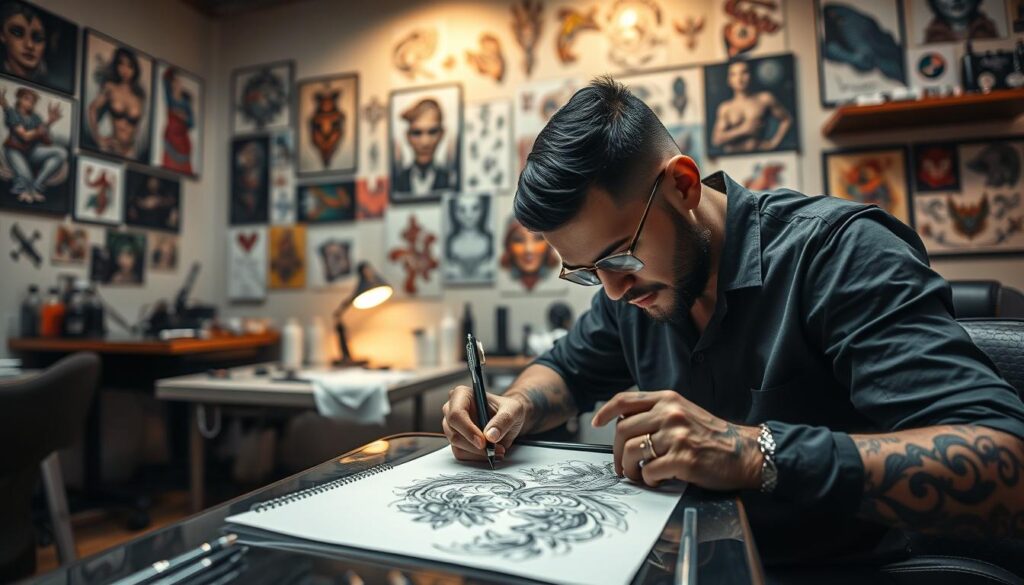 A skilled tattoo artist in a modern tattoo studio, focused on creating a detailed tattoo design. In the foreground, the artist, wearing professional attire, carefully draws on a design sketch with intricate tribal elements and floral patterns. The middle ground features a workspace with tattoo machines, ink bottles, and sterile equipment neatly arranged. In the background, a wall adorned with various tattoo artworks and designs adds color and inspiration. Soft, warm lighting illuminates the scene, creating an inviting and creative atmosphere. The angle is slightly tilted to emphasize the artist's concentration and the art surrounding them, conveying a sense of dedication and professionalism.