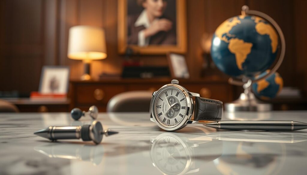 A sleek and elegant display showcasing a Pierre Ricaud watch on a marble countertop. The foreground features a close-up of the watch, highlighting its sophisticated design, with a shimmering silver case, intricate watch face with Roman numerals, and a genuine leather strap. In the middle ground, soft-focus elements reveal accessories like a stylish cufflink and a fine pen, suggesting luxury and refinement. The background features a blurred, warm-lit office environment with a dark wood desk and a classic globe, evoking professionalism and success. The lighting is soft yet striking, casting subtle reflections on the watch's surface. The overall atmosphere conveys a sense of sophistication and reliability, perfect for a premium timepiece brand.