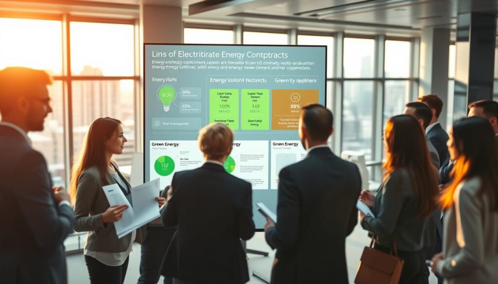 A sleek and modern office environment filled with professionals discussing energy contracts. In the foreground, a diverse group of business people in professional attire, engaged in conversation, analyzing documents and presentations about electricity suppliers for companies. In the middle ground, a digital display shows energy-saving statistics and price comparisons with green energy options highlighted. The background features large windows with a cityscape view, bathed in warm natural light, creating an inviting atmosphere. The overall mood is focused and collaborative, with a sense of urgency and importance around energy choices. Capture this scene with a depth of field that highlights the individuals while softly blurring the background.