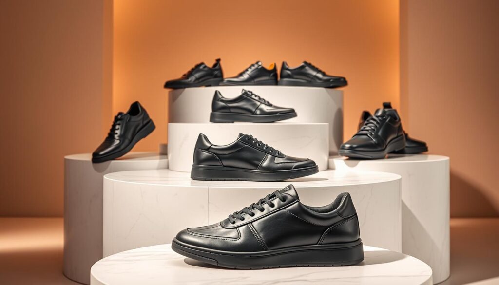 A sleek and stylish display of Bugatti's new shoe collection, featuring various pairs of elegant men’s and women’s footwear arranged artistically on a minimalistic white marble pedestal. In the foreground, focus on a pair of modern leather sneakers showcasing intricate stitching and a refined logo. The middle layer presents a semi-reflective surface that enhances the shoes' sophistication, while the background features a soft gradient of muted colors to create a luxurious atmosphere. The lighting is warm and inviting, casting gentle shadows to highlight the shoes’ contours. Capture the mood of elegance and innovation, suitable for a high-end fashion line. The scene exudes a sense of exclusivity and premium quality, inviting the viewer to appreciate the craftsmanship.