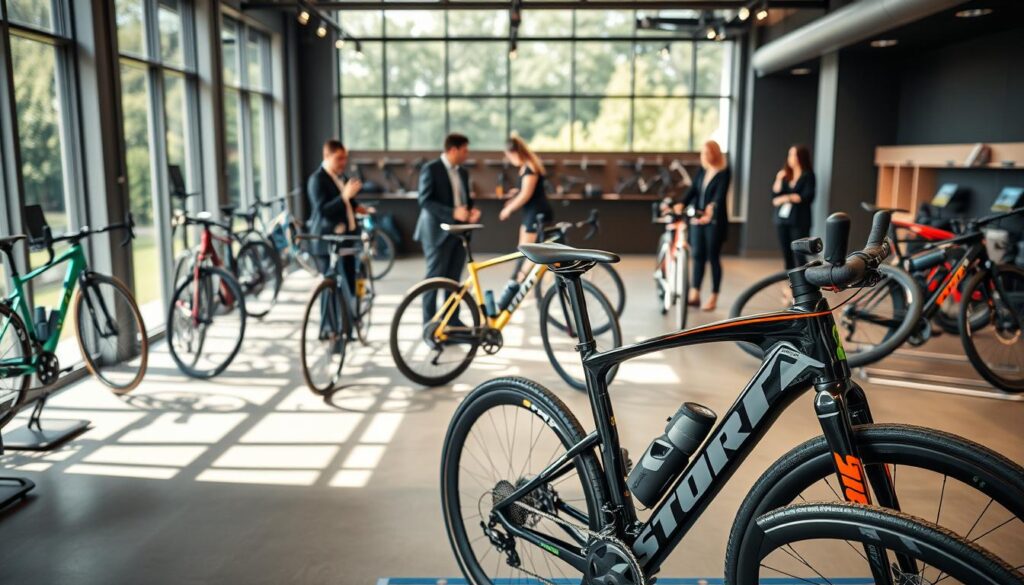 A sleek, modern bicycle showroom featuring a variety of high-end bikes from the Storm brand, showcasing their design and innovation. In the foreground, display a glossy, high-performance bike with striking colors and aerodynamic features. The middle section includes a well-organized layout of more Storm bikes, each distinct in design, surrounded by professional staff members in smart casual attire, engaging with customers. The background highlights large windows letting in natural sunlight, creating a bright and inviting atmosphere. Use soft lighting to emphasize the elegance of the bikes, with a slight bokeh effect to keep the focus on the products. The overall mood is vibrant and energetic, reflecting a passion for cycling and an inviting shopping experience. A sleek, modern bicycle showroom featuring a variety of high-end bikes from the Storm brand, showcasing their design and innovation. In the foreground, display a glossy, high-performance bike with striking colors and aerodynamic features. The middle section includes a well-organized layout of more Storm bikes, each distinct in design, surrounded by professional staff members in smart casual attire, engaging with customers. The background highlights large windows letting in natural sunlight, creating a bright and inviting atmosphere. Use soft lighting to emphasize the elegance of the bikes, with a slight bokeh effect to keep the focus on the products. The overall mood is vibrant and energetic, reflecting a passion for cycling and an inviting shopping experience.