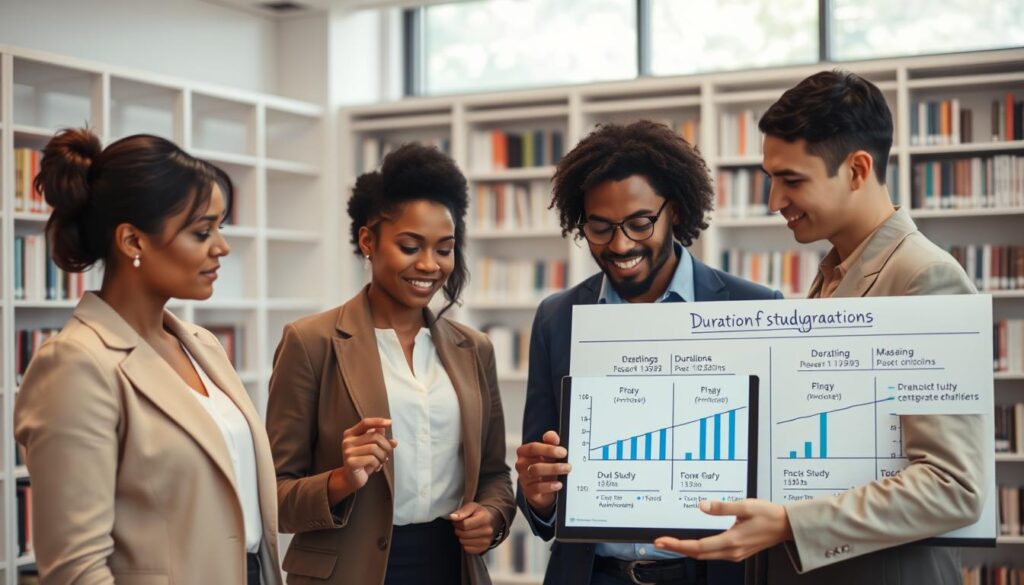 A sleek, modern educational setting showcasing the duration of postgraduate studies. In the foreground, a diverse group of three professionals, dressed in business attire, engage in a discussion around a digital tablet displaying graphical representations of study durations. The middle layer features a large whiteboard with diagrams outlining the timelines and milestones of postgraduate and doctoral programs. In the background, shelves filled with academic books and a large window allowing natural light creates a bright, welcoming atmosphere. The overall mood is one of ambition and intellectual pursuit, with soft, diffuse lighting highlighting the subjects and creating a sense of inspiration and professionalism. A sleek, modern educational setting showcasing the duration of postgraduate studies. In the foreground, a diverse group of three professionals, dressed in business attire, engage in a discussion around a digital tablet displaying graphical representations of study durations. The middle layer features a large whiteboard with diagrams outlining the timelines and milestones of postgraduate and doctoral programs. In the background, shelves filled with academic books and a large window allowing natural light creates a bright, welcoming atmosphere. The overall mood is one of ambition and intellectual pursuit, with soft, diffuse lighting highlighting the subjects and creating a sense of inspiration and professionalism.