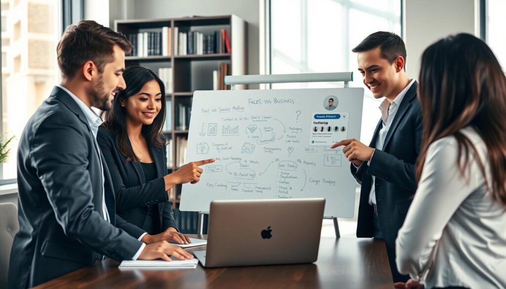 A sleek, modern office environment featuring a diverse group of professionals engaged in a collaborative discussion around a laptop displaying a Facebook business profile. In the foreground, a male and female professional, both dressed in smart business attire, point at the screen, demonstrating features like analytics and engagement metrics. The middle ground shows a whiteboard with social media strategies and ideas sketched out, while a bookshelf filled with marketing books and certifications forms the background. Soft, natural lighting streaming through large windows creates an inviting atmosphere, enhancing focus on the team’s dynamic interaction. The overall mood conveys a sense of opportunity and professionalism, emphasizing the advantages of having a business profile on Facebook.