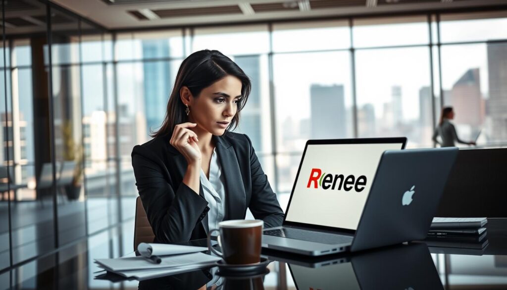 A sleek, modern office environment showcasing a professional woman in elegant business attire, thoughtfully examining a laptop screen displaying the logo of "Renee" on it. In the foreground, the woman, with an expression of curiosity and intrigue, is seated at a stylish desk cluttered with business documents and a cup of coffee. The middle ground features a large window with soft, natural light streaming in, enhancing the contemporary decor. The background includes glass partitions displaying cityscape views, suggesting an urban setting. The overall mood is focused and sophisticated, conveying a sense of professionalism and intrigue, perfect for an article about a company. The image is bright, with warm tones emphasizing an inviting atmosphere.
