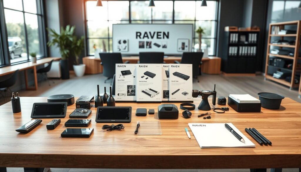 A sleek, modern workspace featuring a polished wooden desk at the forefront, showcasing a variety of Raven products like electronic devices, tools, and accessories neatly organized. In the middle ground, an inviting display highlights product catalogs and price lists, with clean, minimalist branding that emphasizes functionality and quality. The background reveals a large window with natural light streaming in, illuminating the scene and creating a bright and professional atmosphere. The overall mood is one of efficiency and innovation, reflecting a contemporary business environment. The image should have a soft depth of field, ensuring the foreground elements are sharp while the background slightly blurs, creating an elegant focus on the products.