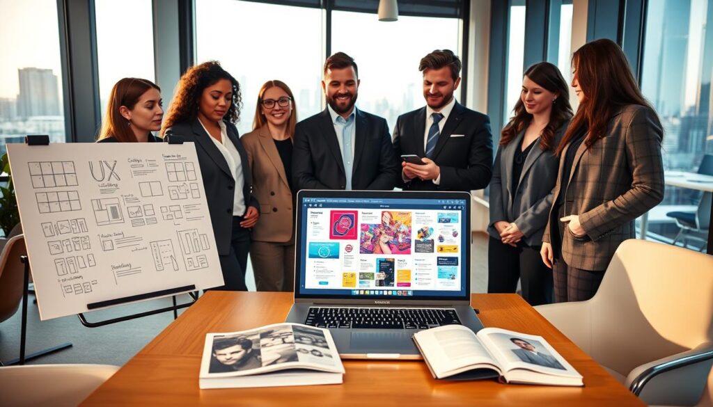 A sleek, modern workspace showcasing a UX designer's portfolio. In the foreground, a diverse group of professionals, dressed in smart business attire, observe an open laptop displaying an intricate, colorful UX design interface. On one side, a presentation board filled with sketches and wireframes outlines the design process. In the middle, a cozy meeting table with design books and a tablet highlights creativity. The background features a large window overlooking a city skyline, letting in warm, natural light that casts a soft glow on the scene. The atmosphere is focused, inspiring, and collaborative, emphasizing the importance of building an effective UX portfolio.