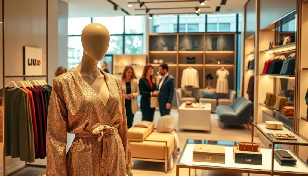 A sophisticated scene depicting a stylish Liu Jo boutique interior, highlighting elegant clothing displays and accessories. In the foreground, a mannequin wearing a chic Liu Jo outfit exudes confidence, showcasing shimmering fabric and refined patterns. The middle layer features customers browsing through the merchandise, dressed in smart casual attire, smiling and engaged in conversation. Soft, warm lighting creates an inviting atmosphere, suggesting a cozy shopping experience, while a modern design aesthetic is apparent through minimalistic decor and stylish furniture. In the background, large windows allow natural light to filter in, subtly illuminating the space and enhancing the luxurious feel. The overall mood is vibrant yet relaxed, inviting viewers to consider the brand's appeal. A sophisticated scene depicting a stylish Liu Jo boutique interior, highlighting elegant clothing displays and accessories. In the foreground, a mannequin wearing a chic Liu Jo outfit exudes confidence, showcasing shimmering fabric and refined patterns. The middle layer features customers browsing through the merchandise, dressed in smart casual attire, smiling and engaged in conversation. Soft, warm lighting creates an inviting atmosphere, suggesting a cozy shopping experience, while a modern design aesthetic is apparent through minimalistic decor and stylish furniture. In the background, large windows allow natural light to filter in, subtly illuminating the space and enhancing the luxurious feel. The overall mood is vibrant yet relaxed, inviting viewers to consider the brand's appeal.