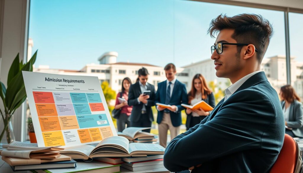 A sophisticated study environment showcasing the theme of university admission requirements. In the foreground, a confident student reviewing a colorful poster depicting various academic criteria, surrounded by textbooks and digital devices. The middle ground features a diverse group of students engaging in discussions, dressed in professional attire, with notebooks and laptops open, symbolizing collaboration and ambition. In the background, a bright and inviting university campus with modern architecture and greenery, under a clear blue sky. Soft, natural lighting enhances the scene, creating an uplifting and motivational atmosphere. Capture this moment from a slightly elevated angle, focusing on the interaction and concentration of the students. A sophisticated study environment showcasing the theme of university admission requirements. In the foreground, a confident student reviewing a colorful poster depicting various academic criteria, surrounded by textbooks and digital devices. The middle ground features a diverse group of students engaging in discussions, dressed in professional attire, with notebooks and laptops open, symbolizing collaboration and ambition. In the background, a bright and inviting university campus with modern architecture and greenery, under a clear blue sky. Soft, natural lighting enhances the scene, creating an uplifting and motivational atmosphere. Capture this moment from a slightly elevated angle, focusing on the interaction and concentration of the students.