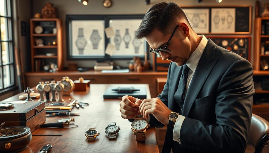 A sophisticated watchmaker's workshop scene showcasing the essence of the Pierre Ricaud brand. In the foreground, an artisan meticulously assembling a classic timepiece, wearing professional business attire. The middle ground displays elegant watches from the brand, each with unique designs and intricate details, reflecting both style and craftsmanship. The background features a stylish, light-filled workshop with vintage tools, a polished wooden workbench, and sketches of watch designs pinned on a chalkboard. The atmosphere is warm and inviting, exuding a sense of heritage and expertise. Soft, natural lighting casts gentle shadows, emphasizing the artistry involved in watchmaking. Use a slight wide-angle lens effect to create depth while focusing on the artisan’s detailed work. The mood is one of professionalism and pride in craftsmanship, capturing the brand's origin story.