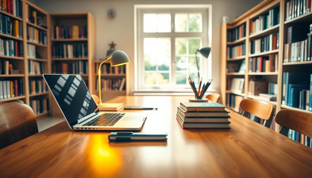A spacious study desk in a well-lit room, designed for academic work. The desk is made of polished wood, featuring a sleek laptop, a stack of books, and neatly arranged stationery. A soft, warm lamp casts a gentle glow over the workspace, creating an inviting atmosphere for study. In the background, there are bookshelves filled with colorful textbooks and academic journals, while a large window lets in natural light, showcasing a pleasant view of greenery outside. The angle captures the desk from a slight side view, emphasizing depth and inviting the viewer into the workspace. The overall mood is focused and serene, perfect for productive studying. A spacious study desk in a well-lit room, designed for academic work. The desk is made of polished wood, featuring a sleek laptop, a stack of books, and neatly arranged stationery. A soft, warm lamp casts a gentle glow over the workspace, creating an inviting atmosphere for study. In the background, there are bookshelves filled with colorful textbooks and academic journals, while a large window lets in natural light, showcasing a pleasant view of greenery outside. The angle captures the desk from a slight side view, emphasizing depth and inviting the viewer into the workspace. The overall mood is focused and serene, perfect for productive studying.