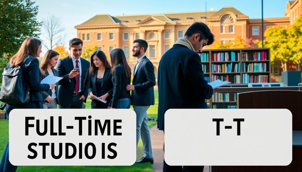 A split-scene image illustrating the differences between full-time and part-time studies. In the foreground, a group of diverse students, dressed in professional business attire, engages in a lively discussion at a university campus with books and laptops spread around them, symbolizing the collaborative and intensive nature of full-time studies. In the middle ground, a serene library setting depicts a student studying alone, showcasing the self-paced, flexible aspect of part-time studies. In the background, a vibrant university building is visible, bathed in warm afternoon sunlight, creating an inviting atmosphere. The visual contrast between the bustling group and the solitary student highlights the unique characteristics of both study formats, evoking a sense of academic exploration and personal growth. A split-scene image illustrating the differences between full-time and part-time studies. In the foreground, a group of diverse students, dressed in professional business attire, engages in a lively discussion at a university campus with books and laptops spread around them, symbolizing the collaborative and intensive nature of full-time studies. In the middle ground, a serene library setting depicts a student studying alone, showcasing the self-paced, flexible aspect of part-time studies. In the background, a vibrant university building is visible, bathed in warm afternoon sunlight, creating an inviting atmosphere. The visual contrast between the bustling group and the solitary student highlights the unique characteristics of both study formats, evoking a sense of academic exploration and personal growth.
