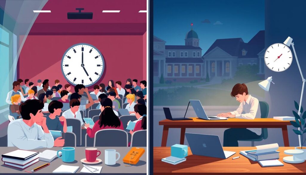 A split-screen illustration comparing the duration of part-time and full-time studies. On the left, a classroom filled with students attending a lecture, with a clock showing a typical full-time schedule, emphasizing an engaging learning environment. On the right, a home study setup with a student studying late at night, showcasing the flexibility of part-time studies with a clock displaying longer hours. The foreground should feature study materials, coffee cups, and laptops to symbolize the different approaches. The middle should highlight the contrast between crowded classrooms and a peaceful home workspace, while the background fades into a university campus ambiance. Natural lighting flows from the left and soft desk lamps illuminate the right, creating a warm, reflective mood.