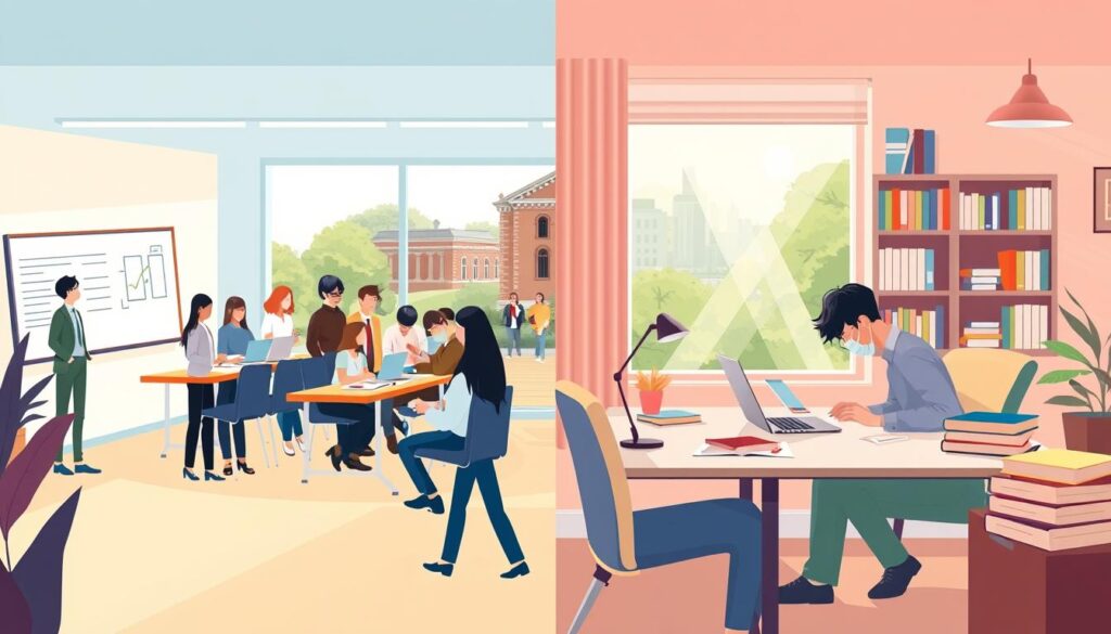 A split-screen illustration depicting the concept of full-time (dzienne) and part-time (zaoczne) studies. In the foreground, a diverse group of students engaged in different learning environments: on one side, a group of students in a bright, modern classroom with books, laptops, and a whiteboard, dressed in professional attire; on the other side, a relaxed study space with a student at a desk surrounded by textbooks, focused on their laptop, dressed in casual clothes. The middle ground features contrasting elements like a campus scene on the full-time side with people walking to class, and a home office setting on the part-time side. The background should be harmonious, with warm lighting and inviting colors to convey a productive and educational atmosphere, evoking a sense of choice and opportunity in higher education.