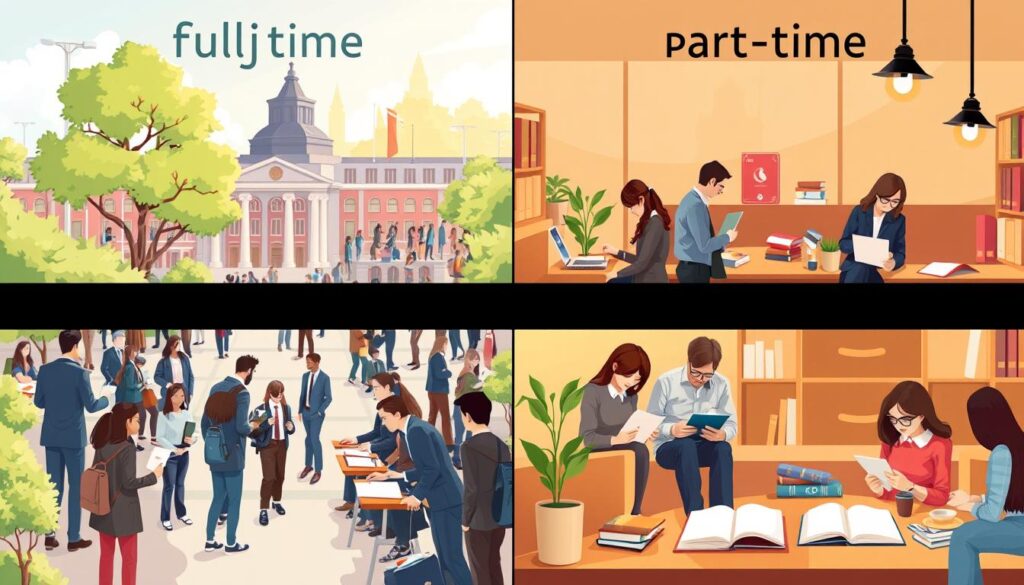 A split-screen illustration showing the differences between full-time (dzienne) and part-time (zaoczne) studies. On the left side, a bustling university campus scene with students in professional business attire engaging in lectures, group discussions, and studying together in bright, natural light. The atmosphere is energetic and collaborative, with trees and banners depicting academic life in the background. On the right side, a quieter environment showing students in casual, yet neat clothing studying at home or in coffee shops, surrounded by books and laptops, with warm, cozy lighting creating a focused ambiance. Emphasize the contrast in environments and study settings, showcasing the benefits and challenges of each study mode. The overall mood should be informative and engaging.
