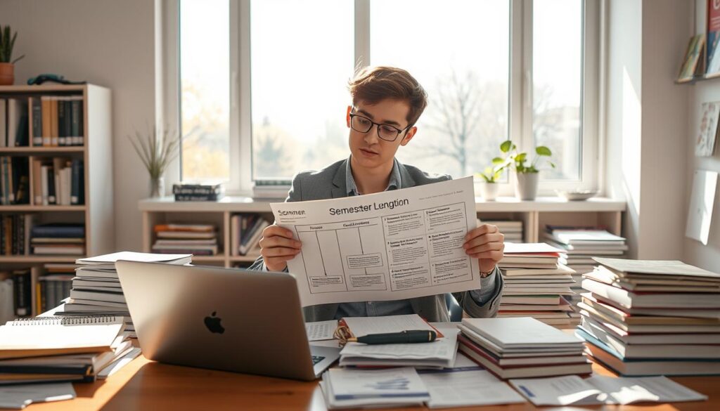 A student sitting at a desk in a bright, well-organized study room, surrounded by books and a laptop. The desk is cluttered with calendars and financial documents, symbolizing the factors affecting semester length. In the background, a large window shows a seasonal landscape, transitioning from summer to winter, representing the academic calendar. Soft, natural lighting filters through the window, casting gentle shadows. The student, dressed in smart casual attire, seems focused and contemplative while analyzing a flowchart on one of the books about semester duration. The overall mood is academic yet inviting, emphasizing the importance of various influences on the semester length, such as costs, seasonal changes, and academic pacing.