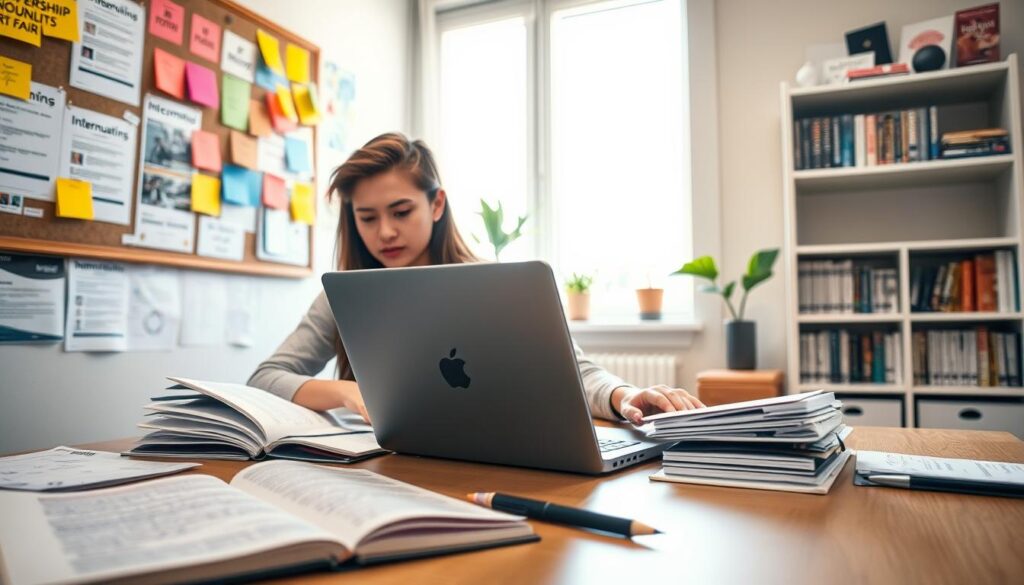 A student sitting at a modern desk, intently browsing on their laptop while surrounded by various documents labeled "internship opportunities." In the foreground, a notebook is open with handwritten notes and a pen lying beside it. The middle ground features a bulletin board filled with colorful sticky notes and flyers related to job fairs and internships. In the background, a cozy study room with bright, natural light coming through a window, illuminating a small bookshelf filled with books on career development. The atmosphere is focused and optimistic, reflecting the process of searching for internships while studying part-time. Capture this scene with a slight depth of field, emphasizing the student and their workspace, in vibrant colors to enhance the mood.