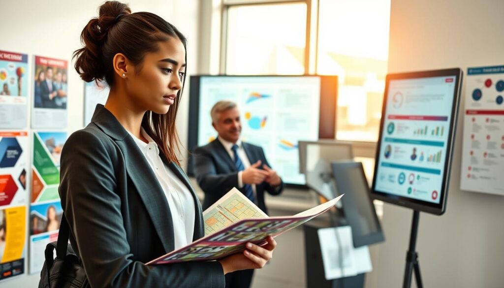 A student stands confidently in a bright, modern university advising office, surrounded by colorful brochures and informational posters about various study programs. The foreground features a focused young woman in professional business attire, examining a map labeled with different university pathways. In the middle, a friendly advisor gestures towards a digital screen displaying interactive charts of educational options. The background includes a large window with sunlight streaming in, casting a warm glow, enhancing the inviting atmosphere. The scene conveys a sense of determination and hope, as students contemplate their futures. The image is well-lit, using a soft focus to create a welcoming ambiance, suggesting both guidance and excitement for choosing the right academic direction.