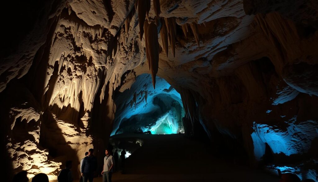 A stunning interior view of the Cesare Cave, showcasing its impressive rock formations and unique geological features. In the foreground, a small group of visitors, dressed in modest casual clothing, marvel at the intricate stalactites and stalagmites illuminated by soft, warm lighting. The middle ground features a winding path leading deeper into the cave, inviting exploration, while the background reveals more dramatic mineral deposits reflecting subtle hues of blue and green. The atmosphere is tranquil yet awe-inspiring, with gentle shadows creating depth and highlighting the cave's natural beauty. The composition captures a sense of wonder, encouraging others to appreciate the marvels of nature found within Cesare Cave.