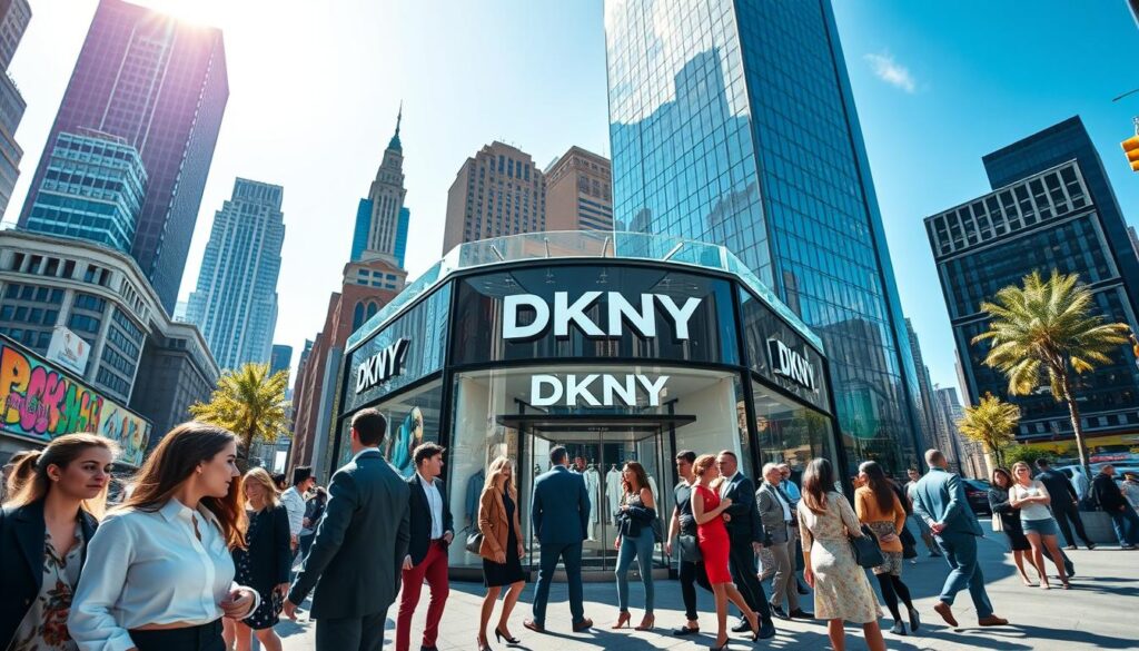 A stylish and modern urban scene showcasing a DKNY store front, set in a bustling New York City environment. In the foreground, a diverse group of people in professional business attire and fashionable casual wear are engaged in conversation, embodying the vibrant lifestyle associated with the DKNY brand. The middle ground features the DKNY store, with large glass windows displaying the latest fashion collections. The architecture reflects contemporary design, with a hint of urban graffiti art blending in. In the background, iconic city skyscrapers tower under a bright blue sky, ensuring the atmosphere feels lively and dynamic. Natural sunlight casts soft shadows, enhancing the depth of the scene, while a slight lens flare adds a touch of warmth. The overall mood is energetic and fashion-forward, inviting viewers to explore the essence of DKNY. A stylish and modern urban scene showcasing a DKNY store front, set in a bustling New York City environment. In the foreground, a diverse group of people in professional business attire and fashionable casual wear are engaged in conversation, embodying the vibrant lifestyle associated with the DKNY brand. The middle ground features the DKNY store, with large glass windows displaying the latest fashion collections. The architecture reflects contemporary design, with a hint of urban graffiti art blending in. In the background, iconic city skyscrapers tower under a bright blue sky, ensuring the atmosphere feels lively and dynamic. Natural sunlight casts soft shadows, enhancing the depth of the scene, while a slight lens flare adds a touch of warmth. The overall mood is energetic and fashion-forward, inviting viewers to explore the essence of DKNY.