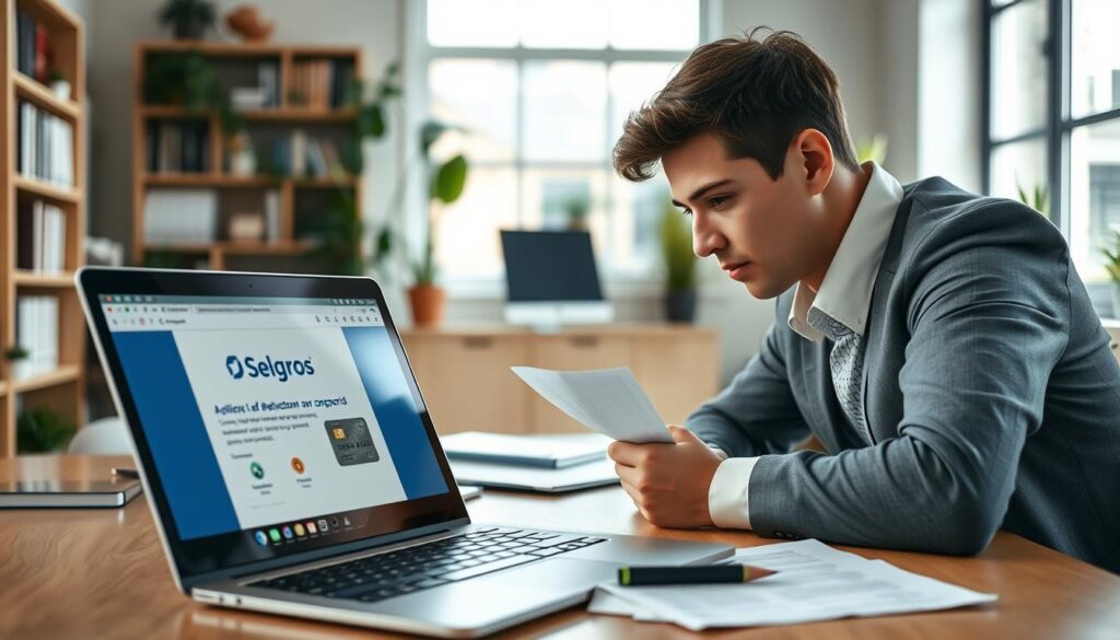 A stylish and professional workspace scene depicting a business person at a desk, focused on completing the application process for a Selgros card without a company. In the foreground, show a laptop open with the Selgros website visible, along with neatly arranged documents and a pen. The middle ground features a young adult in business casual attire, deeply engaged in the task, with a thoughtful expression. The background includes a well-organized office with bookshelves, plants, and soft, natural lighting filtering through a window. The atmosphere is focused and determined, conveying a sense of productivity and professionalism. Capture a close-up angle to emphasize the details on the desk and the subject's expression, ensuring a bright and inviting feel throughout. A stylish and professional workspace scene depicting a business person at a desk, focused on completing the application process for a Selgros card without a company. In the foreground, show a laptop open with the Selgros website visible, along with neatly arranged documents and a pen. The middle ground features a young adult in business casual attire, deeply engaged in the task, with a thoughtful expression. The background includes a well-organized office with bookshelves, plants, and soft, natural lighting filtering through a window. The atmosphere is focused and determined, conveying a sense of productivity and professionalism. Capture a close-up angle to emphasize the details on the desk and the subject's expression, ensuring a bright and inviting feel throughout.