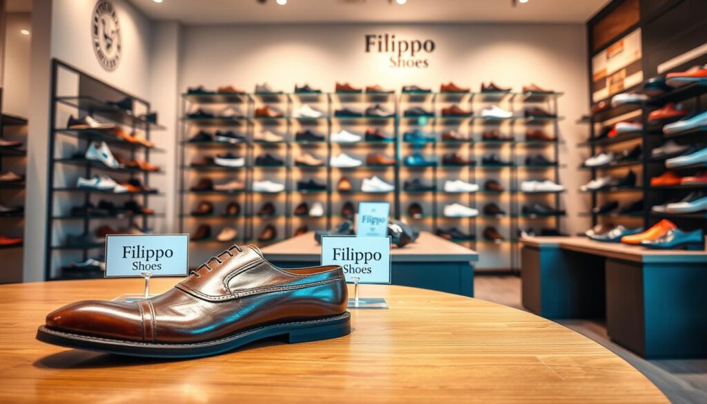 A stylish display of Filippo shoes in a modern retail setting, emphasizing various styles and colors of footwear. In the foreground, showcase an elegant pair of brown leather shoes on a polished wooden table, with a small sign indicating "Filippo Shoes." In the middle ground, include neatly arranged shelves filled with different shoe designs, from casual sneakers to formal dress shoes. The background features a well-lit store interior, with soft, warm lighting that highlights the shoes' textures, and subtle branding elements like a logo on the wall. The atmosphere is inviting and sophisticated, ideal for shoppers looking for quality footwear. Use a slightly elevated camera angle for a comprehensive view, ensuring a clean and professional look without any distractions or text in the image.