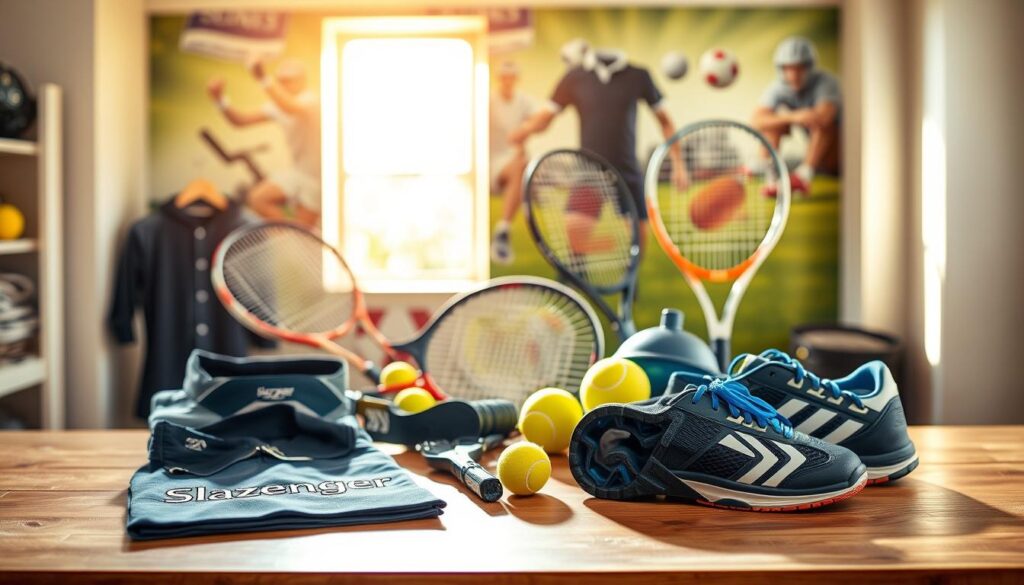 A stylish display of Slazenger products, including athletic apparel, sports accessories, and tennis equipment, arranged aesthetically on a wooden table in a well-lit room. In the foreground, a neatly folded Slazenger-branded sports shirt and a pair of tennis shoes showcase the brand’s quality. In the middle ground, a selection of tennis rackets and balls are harmoniously laid out, emphasizing the sporty essence of the brand. The background features a softly blurred sports-themed wall, giving an energetic atmosphere. Natural sunlight pours in from a window, creating warm highlights and soft shadows, enhancing the inviting feel of the scene. The composition is captured from a slightly elevated angle to provide a comprehensive view of the products, evoking a sense of professionalism and enthusiasm for the Slazenger brand.