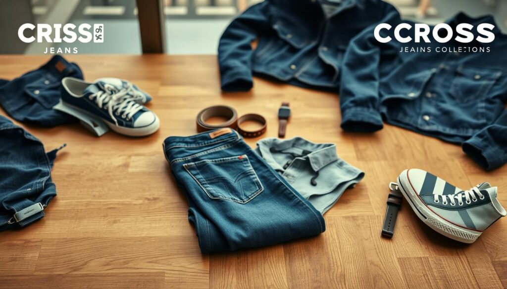 A stylish flat lay featuring a collection of Cross Jeans products, including jeans, jackets, and accessories, displayed on a natural wood surface. In the foreground, a pair of well-styled denim jeans and a casual shirt are showcased, folded neatly, with a pair of trendy sneakers beside them. In the middle ground, have a few accessories like a stylish belt and a watch arranged artistically. The background includes elements like a soft, blurred urban setting, evoking a fashion-forward atmosphere. Soft, natural lighting highlights the textures of the denim and the materials, casting gentle shadows for depth. The mood is casual yet sophisticated, appealing to individuals seeking modern, stylish outfits.