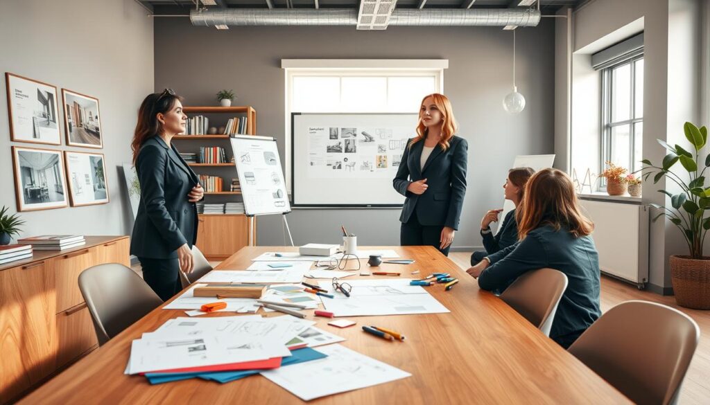 A stylish interior design school classroom, featuring a modern and inviting workspace. In the foreground, a large wooden table is scattered with design sketches, color swatches, and tools like rulers and markers. A confident woman is standing at the table, dressed in professional business attire, engaged in a discussion with a group of attentive students seated on contemporary chairs. In the middle ground, an interactive whiteboard displays design concepts and mood boards, while a large window bathes the room in warm, natural light, creating a bright and inspiring atmosphere. In the background, shelves lined with design books and potted plants enhance the inviting educational environment. The scene captures creativity, professionalism, and the journey of acquiring knowledge in interior design. A stylish interior design school classroom, featuring a modern and inviting workspace. In the foreground, a large wooden table is scattered with design sketches, color swatches, and tools like rulers and markers. A confident woman is standing at the table, dressed in professional business attire, engaged in a discussion with a group of attentive students seated on contemporary chairs. In the middle ground, an interactive whiteboard displays design concepts and mood boards, while a large window bathes the room in warm, natural light, creating a bright and inspiring atmosphere. In the background, shelves lined with design books and potted plants enhance the inviting educational environment. The scene captures creativity, professionalism, and the journey of acquiring knowledge in interior design.