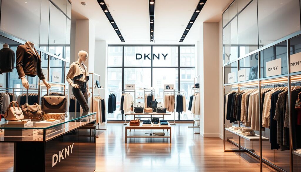 A stylish, modern fashion boutique interior showcasing DKNY products prominently displayed on elegant racks. The foreground features a sleek glass display case with DKNY accessories like handbags and watches, and on one side, a mannequin dressed in a chic DKNY outfit, highlighting contemporary urban fashion. In the middle ground, a well-lit area showcases more clothing on neatly organized shelves, with subtle branding elements that represent the DKNY aesthetic. The background features large windows allowing natural light to flood the space, creating a warm, inviting atmosphere. The scene is captured with a soft-focus lens to emphasize the fashion items, and the mood is one of sophistication and modern elegance, reflecting DKNY’s brand values. A stylish, modern fashion boutique interior showcasing DKNY products prominently displayed on elegant racks. The foreground features a sleek glass display case with DKNY accessories like handbags and watches, and on one side, a mannequin dressed in a chic DKNY outfit, highlighting contemporary urban fashion. In the middle ground, a well-lit area showcases more clothing on neatly organized shelves, with subtle branding elements that represent the DKNY aesthetic. The background features large windows allowing natural light to flood the space, creating a warm, inviting atmosphere. The scene is captured with a soft-focus lens to emphasize the fashion items, and the mood is one of sophistication and modern elegance, reflecting DKNY’s brand values.
