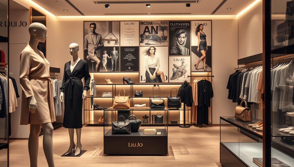 A stylish, modern fashion boutique interior showcasing the evolution of Liu Jo as a brand. In the foreground, elegant mannequins are dressed in the latest Liu Jo collections, highlighting their signature clothing styles. The middle ground features a sleek display with iconic Liu Jo accessories, such as handbags and shoes, each piece expertly lit to emphasize texture and detail. The background includes a wall adorned with vintage posters representing the brand's history, showcasing milestones in its journey from inception to contemporary fashion authority. Soft, warm lighting fills the space, creating an inviting atmosphere that conveys luxury and sophistication. A shallow depth of field focuses on the clothing and accessories, with a slight blur in the background to keep the focus on Liu Jo's rich heritage and stylish aesthetic.
