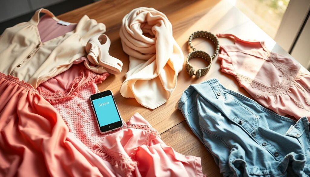 A stylish, modern flat lay showcasing a variety of Shein clothing items, including vibrant dresses, trendy tops, and stylish accessories. The foreground features neatly arranged garments with subtle textures, such as lace and denim, alongside a smartphone displaying the Shein app. In the middle ground, a soft, inviting scarf is draped, complementing the overall color palette of pastel hues. The background consists of a softly blurred wooden table with light streaming through a nearby window, creating a warm and inviting atmosphere. The lighting should be natural and bright, emphasizing the colors and details of the fabrics. The overall mood is cheerful and fashionable, reflecting users’ positive reviews and experiences with Shein’s offerings. A stylish, modern flat lay showcasing a variety of Shein clothing items, including vibrant dresses, trendy tops, and stylish accessories. The foreground features neatly arranged garments with subtle textures, such as lace and denim, alongside a smartphone displaying the Shein app. In the middle ground, a soft, inviting scarf is draped, complementing the overall color palette of pastel hues. The background consists of a softly blurred wooden table with light streaming through a nearby window, creating a warm and inviting atmosphere. The lighting should be natural and bright, emphasizing the colors and details of the fabrics. The overall mood is cheerful and fashionable, reflecting users’ positive reviews and experiences with Shein’s offerings.