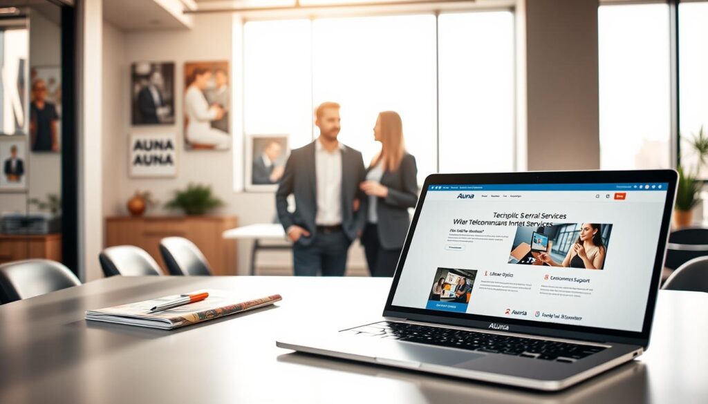 A stylish modern office space showcasing Auna's diverse service offerings. In the foreground, a sleek desk with a laptop open, displaying Auna's website featuring telecommunications and digital services. Beside the laptop, a vibrant brochure highlights fiber optics, internet packages, and customer support. In the middle, a professional individual in business attire discusses with a colleague, both appearing engaged and focused. Bright natural light streams in through large windows, casting soft shadows. The background features a contemporary wall with framed images representing Auna's brand and mission, all in warm, inviting tones, creating a positive and professional atmosphere. The angle should be a slightly elevated perspective, giving a comprehensive view of the workspace without any text or logos interrupting the scene.