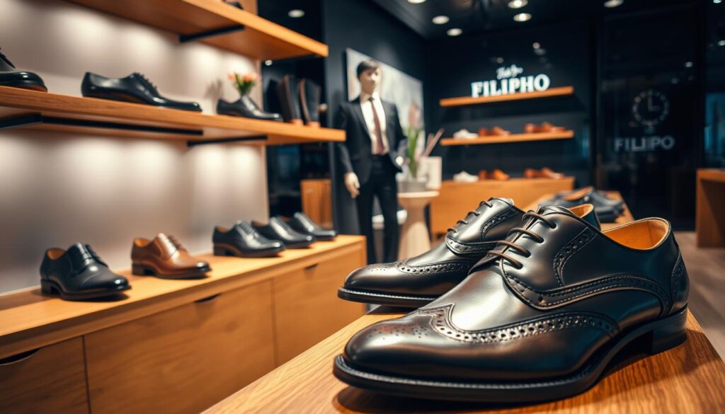 A stylish, modern store display showcasing a variety of Filippo shoes, elegantly arranged on sleek wooden shelves. The foreground features a close-up of a pair of sophisticated leather shoes with intricate designs, capturing the quality craftsmanship. In the middle ground, a stylish mannequin dressed in business attire stands beside the shoes, exuding professionalism and elegance. The background includes subtle decorative elements like soft lighting and minimalist decor, creating a warm, inviting atmosphere. The lighting is soft and diffuse, enhancing the textures of the shoes and the tranquility of the setting. Overall, the image conveys a sense of quality and sophistication, reflecting the essence of the Filippo brand.