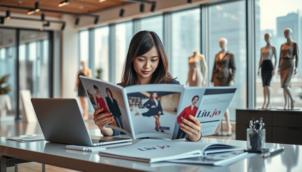 A stylish, modern workspace illustrating the theme "Firma Liu Jo jak czytać." In the foreground, a professional woman of Asian descent, dressed in smart casual attire, is engrossed in reading a fashion catalog featuring Liu Jo, showcasing vibrant images of clothing. She sits at a sleek, minimalistic desk with a laptop and notepad, surrounded by fashion sketches and design tools. In the middle ground, a soft-focus display of Liu Jo clothing on elegant mannequins emphasizes the brand's chic style. The background features large, well-lit windows with cityscape views, casting natural light over the scene, creating an inviting and inspiring atmosphere. The image should have a warm, vibrant ambiance, evoking creativity and professionalism, ideal for capturing the essence of the Liu Jo brand. A stylish, modern workspace illustrating the theme "Firma Liu Jo jak czytać." In the foreground, a professional woman of Asian descent, dressed in smart casual attire, is engrossed in reading a fashion catalog featuring Liu Jo, showcasing vibrant images of clothing. She sits at a sleek, minimalistic desk with a laptop and notepad, surrounded by fashion sketches and design tools. In the middle ground, a soft-focus display of Liu Jo clothing on elegant mannequins emphasizes the brand's chic style. The background features large, well-lit windows with cityscape views, casting natural light over the scene, creating an inviting and inspiring atmosphere. The image should have a warm, vibrant ambiance, evoking creativity and professionalism, ideal for capturing the essence of the Liu Jo brand.