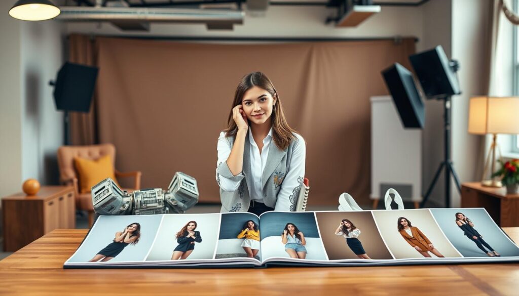 A stylish portfolio setup featuring a young female model in a professional environment. In the foreground, she poses confidently in chic, professional attire, showcasing her versatility. Her expressions reflect a range of emotions, from serious to playful, highlighting her dynamism. The middle ground features an array of portfolio images displayed on a modern wooden table, each capturing her in various poses and outfits, ranging from casual to elegant. The background is softly blurred, hinting at an upscale photography studio with warm, natural lighting that creates a welcoming atmosphere. The angle is slightly elevated, focusing on both the model and the portfolio images, conveying the essence of a professional modeling portfolio. The overall mood is inspirational and aspirational.