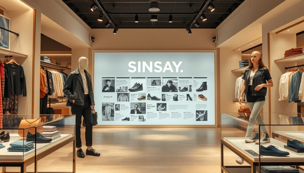 A stylish scene showcasing the history of the Sinsay brand, set in a modern retail environment. In the foreground, elegantly arranged clothing displays featuring trendy apparel typical of Sinsay's style. The middle ground highlights a historical timeline of Sinsay’s evolution, with images of iconic products and key milestones in a creative layout. In the background, a minimalist store interior with soft lighting, accentuating the welcoming atmosphere of the brand. Incorporate fashionable mannequins dressed in contemporary Sinsay outfits to represent its target audience. Use warm, inviting lighting to evoke a sense of nostalgia and growth. The angle should be slightly elevated, providing a comprehensive view of the scene. The overall mood is inspirational and dynamic, celebrating the journey of the Sinsay brand. A stylish scene showcasing the history of the Sinsay brand, set in a modern retail environment. In the foreground, elegantly arranged clothing displays featuring trendy apparel typical of Sinsay's style. The middle ground highlights a historical timeline of Sinsay’s evolution, with images of iconic products and key milestones in a creative layout. In the background, a minimalist store interior with soft lighting, accentuating the welcoming atmosphere of the brand. Incorporate fashionable mannequins dressed in contemporary Sinsay outfits to represent its target audience. Use warm, inviting lighting to evoke a sense of nostalgia and growth. The angle should be slightly elevated, providing a comprehensive view of the scene. The overall mood is inspirational and dynamic, celebrating the journey of the Sinsay brand.