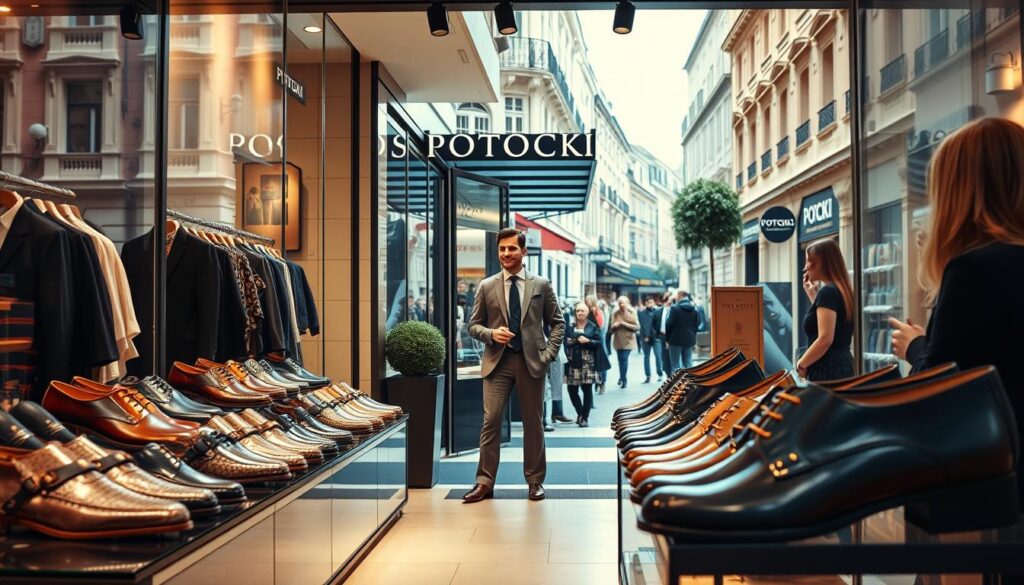 A stylish storefront showcasing Potocki footwear in a Polish urban setting. The foreground features a polished display of elegant men's and women's shoes, emphasizing quality craftsmanship and contemporary design. The middle ground includes a friendly shopkeeper dressed in professional business attire, interacting with customers, conveying a welcoming atmosphere. The background shows a bustling street with charming European architecture, enhancing the sense of place. Soft, natural lighting filters through large windows, casting gentle shadows and highlighting the textures of the shoes. A slight tilt-up angle gives a dynamic view of the storefront, creating an inviting and vibrant mood that captures the essence of Potocki as a reputable shoe brand. A stylish storefront showcasing Potocki footwear in a Polish urban setting. The foreground features a polished display of elegant men's and women's shoes, emphasizing quality craftsmanship and contemporary design. The middle ground includes a friendly shopkeeper dressed in professional business attire, interacting with customers, conveying a welcoming atmosphere. The background shows a bustling street with charming European architecture, enhancing the sense of place. Soft, natural lighting filters through large windows, casting gentle shadows and highlighting the textures of the shoes. A slight tilt-up angle gives a dynamic view of the storefront, creating an inviting and vibrant mood that captures the essence of Potocki as a reputable shoe brand.