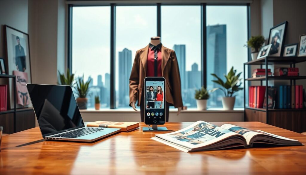 A stylish, well-organized office space that represents the fashion-forward essence of Shein. In the foreground, a polished wooden desk featuring a laptop, open fashion magazines, and a smartphone displaying the Shein app. In the middle, a mannequin dressed in trendy, affordable clothing reflecting the latest fashion trends. The background showcases a large window with city skyline views, casting soft, natural light into the room, enhancing the vibrant atmosphere. Elegant potted plants add a touch of greenery, while subtle decorative elements like framed fashion prints and color swatches are strategically placed on shelves. The mood is professional yet creative, inviting curiosity about Shein as a prominent player in the fashion industry. The perspective is from a slightly elevated angle, giving a clear view of the workspace and its stylish contents. A stylish, well-organized office space that represents the fashion-forward essence of Shein. In the foreground, a polished wooden desk featuring a laptop, open fashion magazines, and a smartphone displaying the Shein app. In the middle, a mannequin dressed in trendy, affordable clothing reflecting the latest fashion trends. The background showcases a large window with city skyline views, casting soft, natural light into the room, enhancing the vibrant atmosphere. Elegant potted plants add a touch of greenery, while subtle decorative elements like framed fashion prints and color swatches are strategically placed on shelves. The mood is professional yet creative, inviting curiosity about Shein as a prominent player in the fashion industry. The perspective is from a slightly elevated angle, giving a clear view of the workspace and its stylish contents.